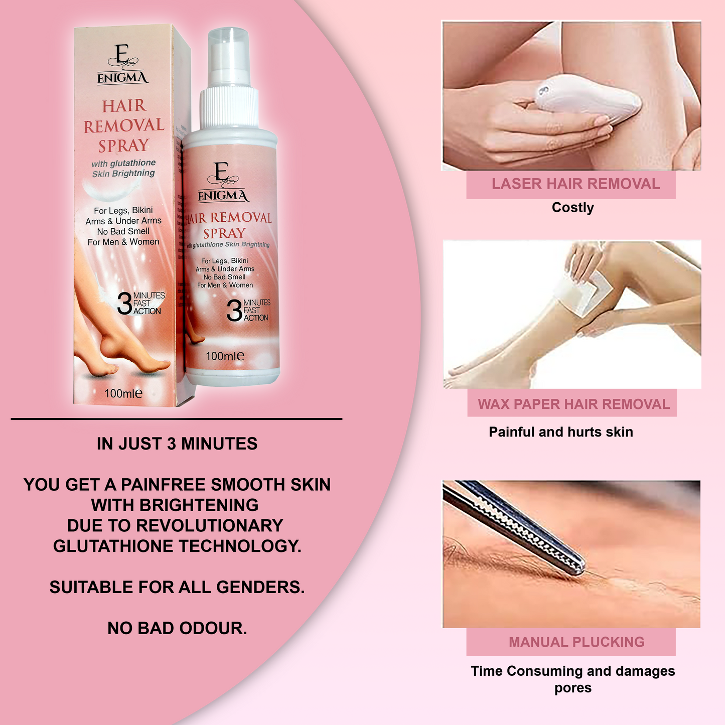 Enigma Hair Removal Spray 3 Mins Results with Glutathione