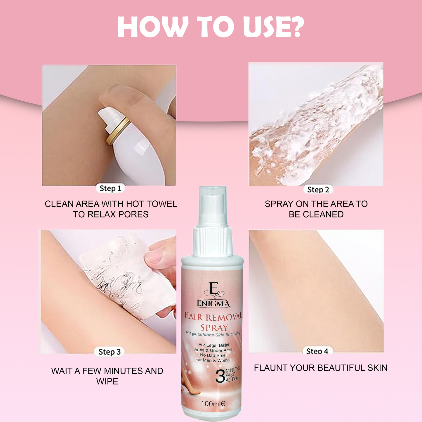 Enigma Hair Removal Spray 3 Mins Results with Glutathione