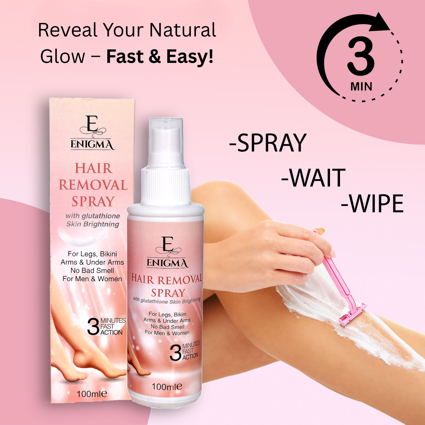 Enigma Hair Removal Spray 3 Mins Results with Glutathione